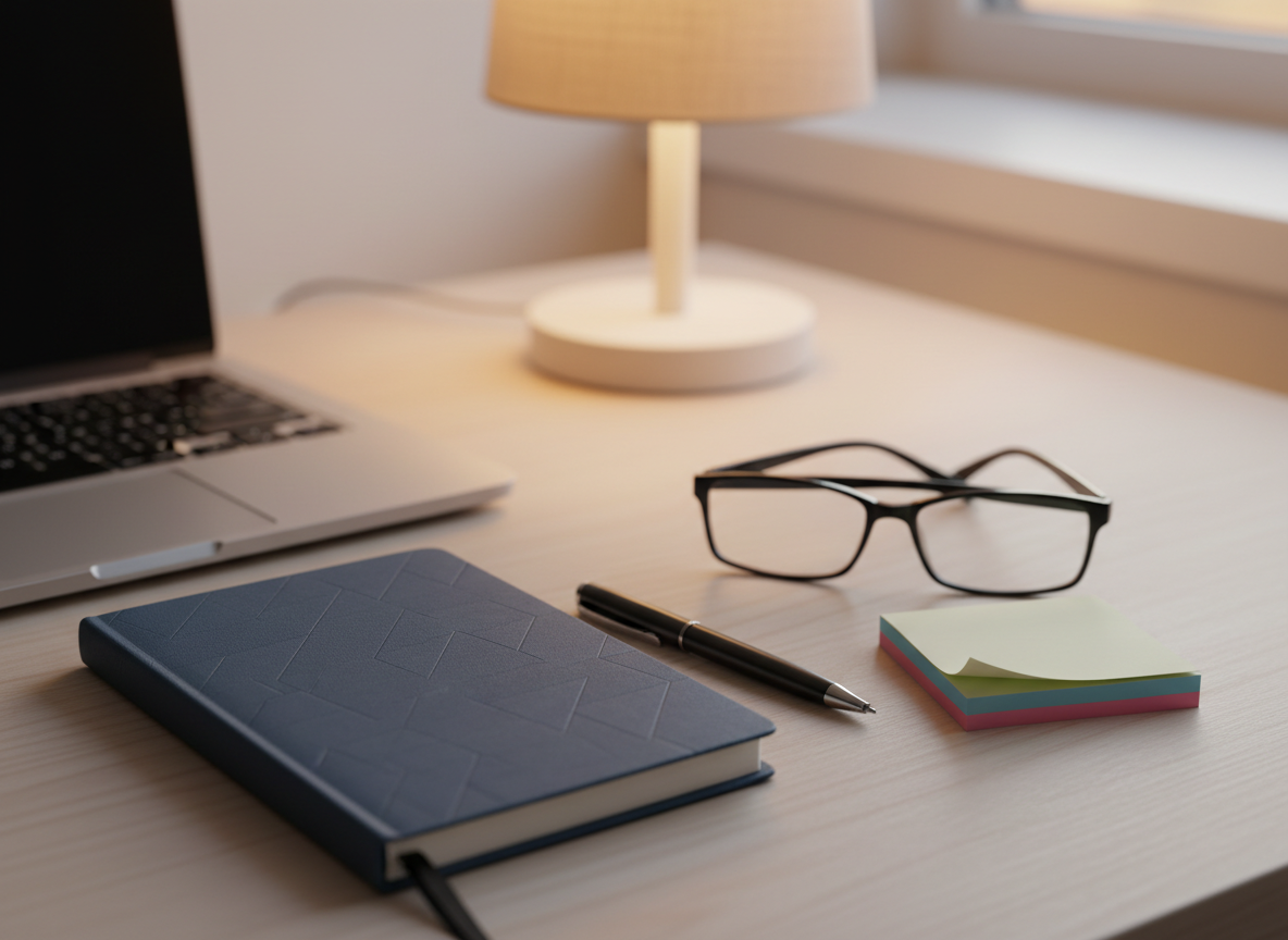 A close-up of a carefully arranged collection of professional sexology and mental health tools on a pale wooden surface: a closed, slate-blue hardcover notebook, a fine-tip black pen, a pair of simple black-framed reading glasses, and a small stack of pastel sticky notes with no writing visible. Behind them, a blurred background reveals only the edge of a laptop and a softly glowing desk lamp with a linen shade. Warm, indirect evening light combined with the lamp’s gentle illumination creates a cozy yet serious atmosphere. Shot in photographic realism from a slightly angled top-down perspective, with a shallow depth of field that emphasizes focus, structure, and attentive listening in remote sexology support.