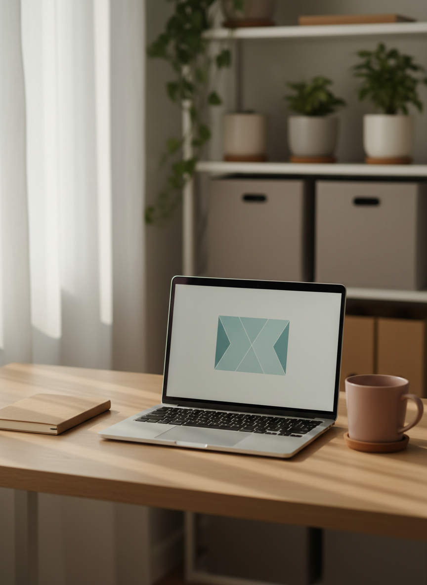 A warmly lit, minimalist home office desk arranged for an online consultation, featuring a sleek silver laptop open to a discreet, abstract interface with soft teal accents, no human figures or photos visible. The laptop rests on a light oak desk beside a closed, sand-colored notebook and a smooth ceramic mug in muted rose. Behind, a blurred bookshelf holds only neutral-toned boxes and plant pots, avoiding any figurative imagery. Soft morning light filters through sheer white curtains, creating gentle shadows and a calm, reassuring atmosphere. Photographic realism, eye-level composition with a shallow depth of field keeps the focus on the workspace, conveying professionalism, confidentiality, and a sense of safety for virtual sexology support.