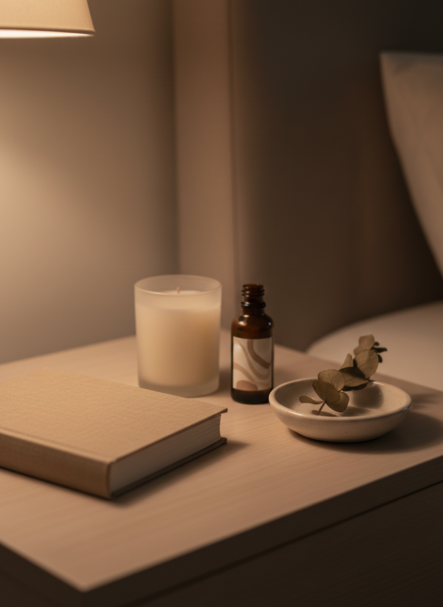 A serene nightstand vignette symbolizing self-care and healthy sexuality: a closed, untitled linen-bound book in warm beige, a frosted glass candle unlit, and a small, opaque amber bottle with a minimalist label showing only abstract shapes, no text. They rest on a smooth, pale wood surface beside a simple ceramic dish containing a single dried eucalyptus branch. The background features a soft-focus headboard in neutral fabric, no patterns or figurative elements. Dim, warm bedside lamp light falls from the left, creating gentle, intimate shadows and a cocoon-like atmosphere. Photographic realism, close-up eye-level framing with shallow depth of field, conveying privacy, tenderness, and the importance of personal time in a professional, respectful manner.