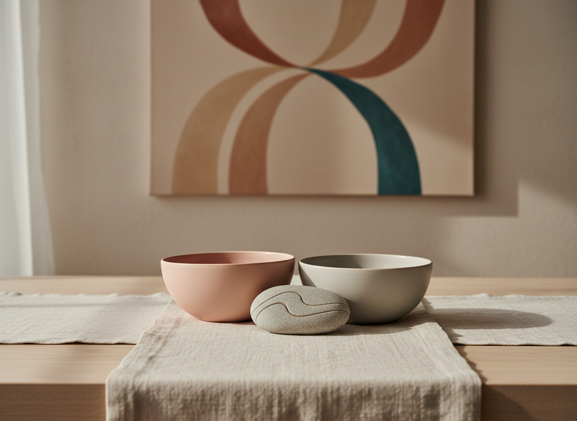 A symbolic representation of intimacy and communication using only objects: two overlapping ceramic bowls in soft matte tones of blush and light gray, resting on a smooth linen runner atop a light wooden table. Between them lies a small, polished river stone engraved with a simple abstract wave pattern, suggesting emotional flow. The background is a muted wall with a single large abstract artwork composed of curved shapes in beige, terracotta, and deep teal. Soft, indirect natural light from the side creates gentle highlights and layered shadows. Photographic realism, centered composition with ample negative space, evoking a mood of mutual respect, vulnerability, and harmonious dialogue in sexology work without any explicit imagery.