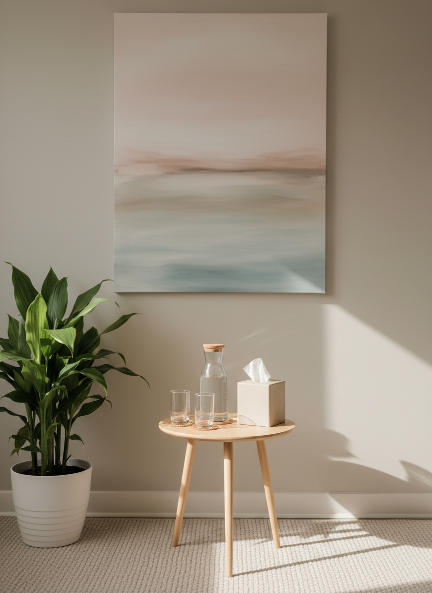 A soothing, uncluttered therapy space represented without seating, focusing instead on a small round light-wood side table holding a glass carafe of water, two simple tumblers, and a neutral sand-colored tissue box with clean lines. Nearby, a tall leafy plant in a matte white planter adds organic texture against a pale, warm-gray wall. No personal photos, books, or figurative art are present, only an abstract canvas with soft gradients of blush, beige, and teal. Gentle, diffused afternoon light from an unseen window creates a soft glow and subtle shadows. Photographic realism with a slightly elevated angle, balanced composition, and calm, intimate mood reflecting a professional, non-judgmental sexology practice.